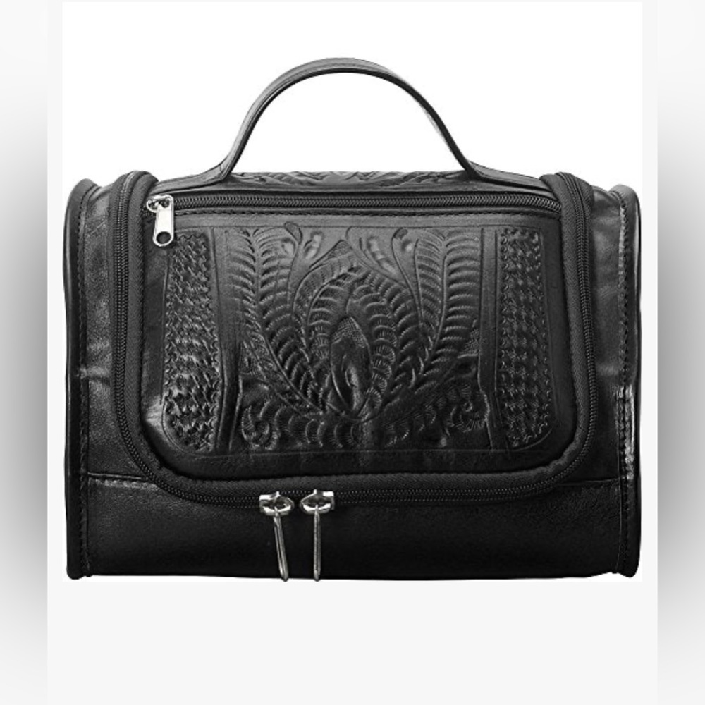 Ropin West black real leather travel toiletries trace make up bag